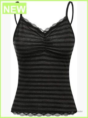 Striped Lace Trim Tank Top Y2K Slim Fit Cami Summer V Neck